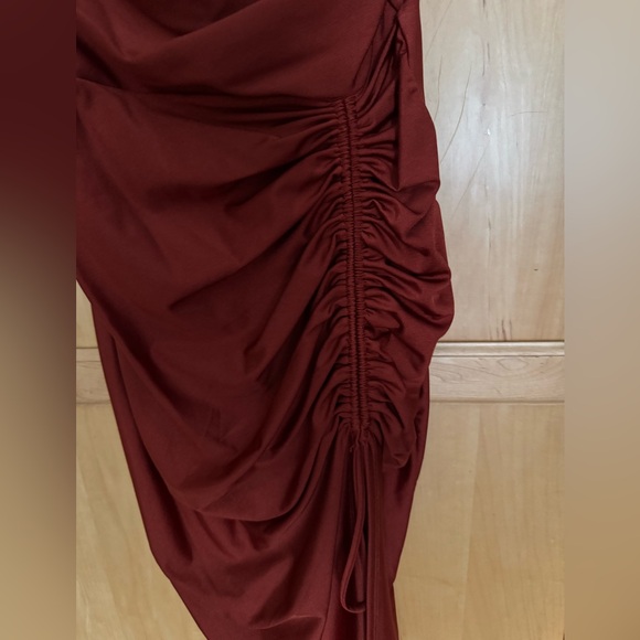 Windsor Burnt Orange Asymmetrical Ruched Side Slit Dress - Picture 5 of 9